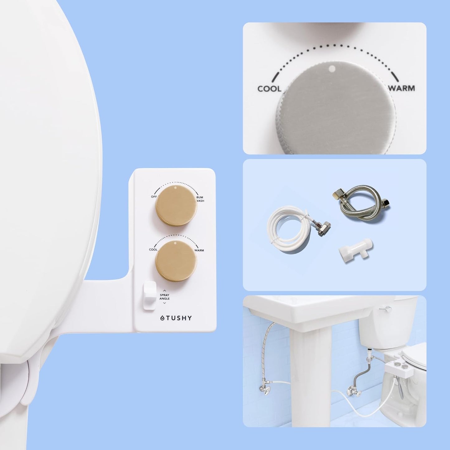 TUSHY Spa Royale Warm Water Bidet Seat Attachment. Self Cleaning Water Sprayer, Adjustable Pressure Nozzle, Angle Control. (Requires Sink Access for Water Temperature Control), Gold Knobs