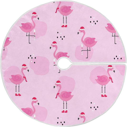 Christmas Flamingo Champagne Tree Skirt, Seasonal Tree Mat Holiday Party Supplies Ornaments Indoor Outdoor Decorations for Tabletop Trees 35.4 Inches
