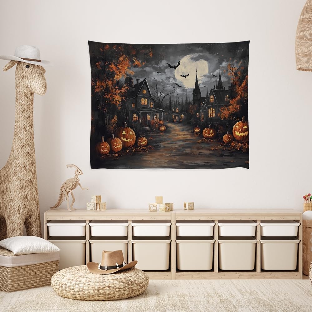 Spooky Halloween Tapestry Haunted Home Bats Pumpkin Tapestry Wall Hanging Dark Academia Fall Full Moon Decor Gothic Ghost Tapestries for bedroom Living Room Decoration 70x90inch