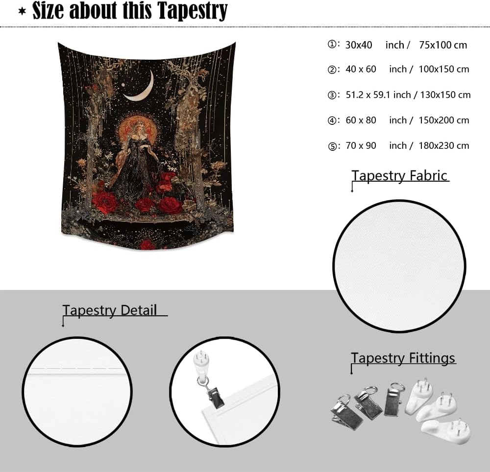 Dark Academia Moon Goddess Tapestry Gothic Fantasy Rose Wall Art Mystical Witchy Woman Print Victorian Artwork Aesthetic Tapestries Wall Hanging for Girls Room Bedroom Decor 50x60inch