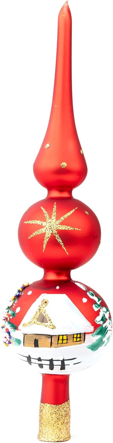 Christmas Tree Topper Spitz Glass Mouth Blown Hand-Decorated Embellishments (Red Matt, 12 inch)