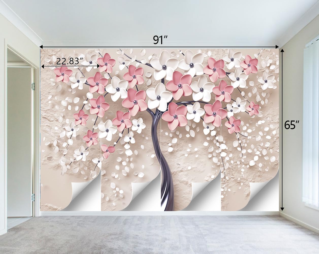 3D Relief Abstraction Pink Flowers Tree Mural Bedroom Floral Wallpaper Room Decor Living Room tv Background Large Wall Mural - 91"x65" (Not Peel and Stick)