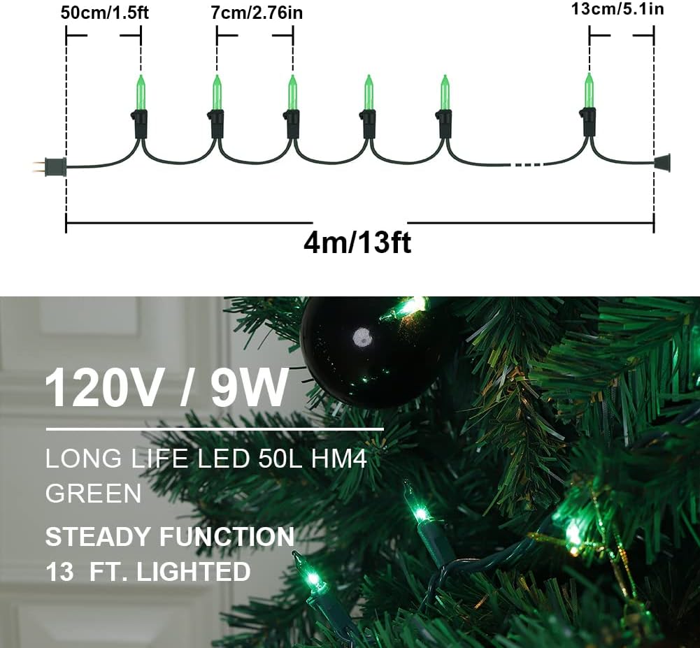 Hopolon Green Christmas Lights,50 Count 2PACK Green Wire 13 Feet Incandescent Mini Christmas Lights Plug in for Outdoor Indoor Halloween Tree Wedding Holiday Lighting Decor(2pcs Green)