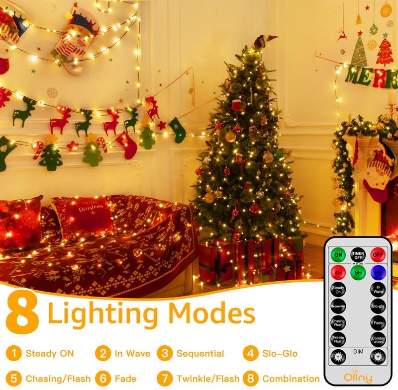 Ollny 198 FT 600 LED Outdoor Waterproof Plug in Christmas Tree Lights with 8 Modes Remote Timer, String Lights for House Yard Outside Indoor Xmas Decorations Warm White