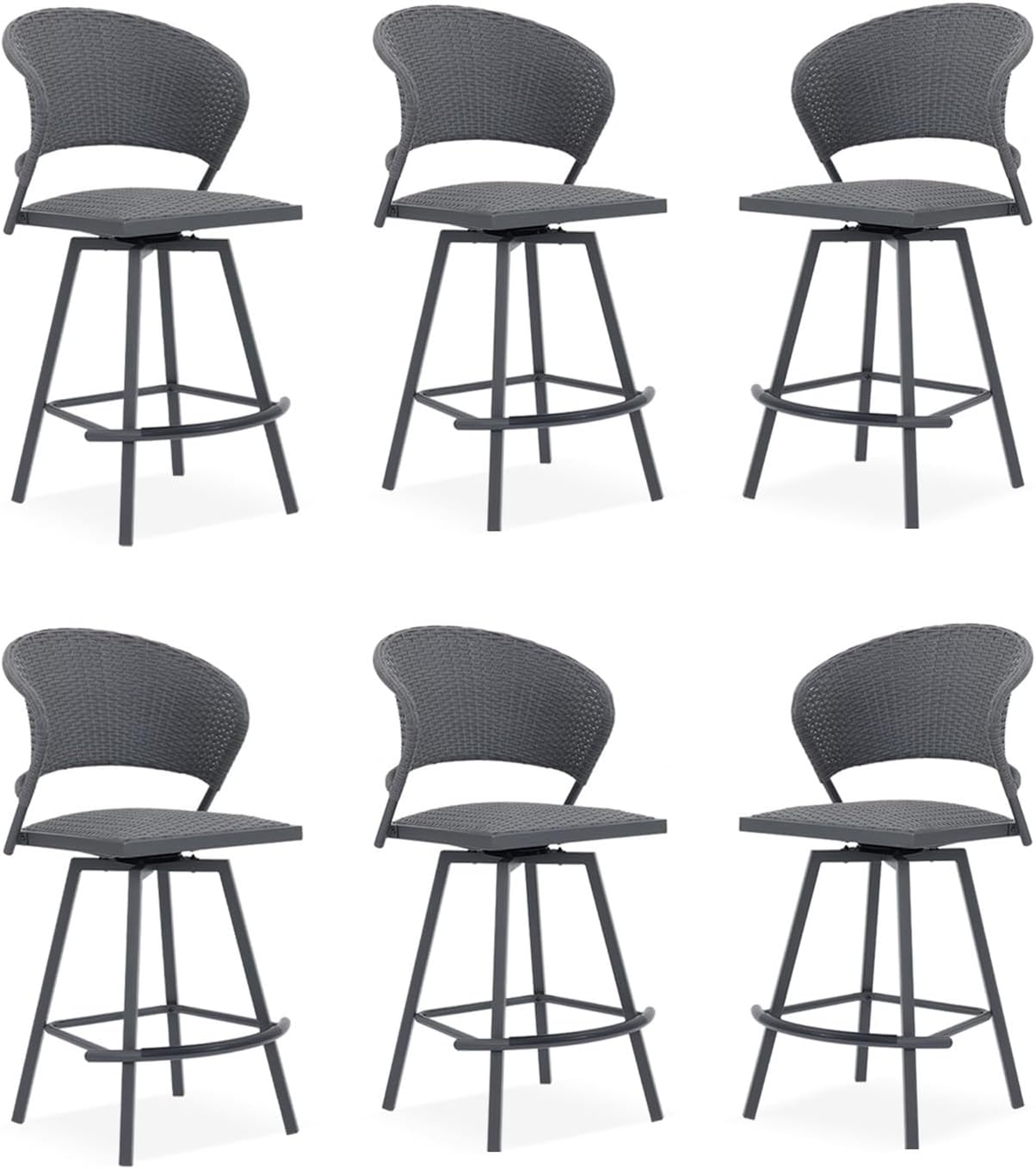 VICLLAX Patio Bar Stool Chairs with Footrests and Padded Seat, Bar Height Swivel Patio Chairs Set of 6, Woven Wicker Swivel Bar Stools for Lawn Garden, Grey