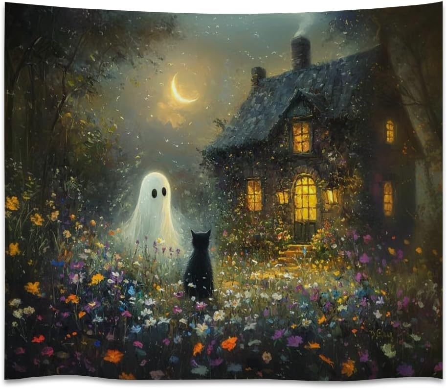 Halloween Black Cat and Ghost Tapestry Wall Hanging for Spooky Cute Bedroom Decor Dark Academia Moon Wildflower Cottage Tapestries Aesthetic for Home Living Room Decoration 60x80inch