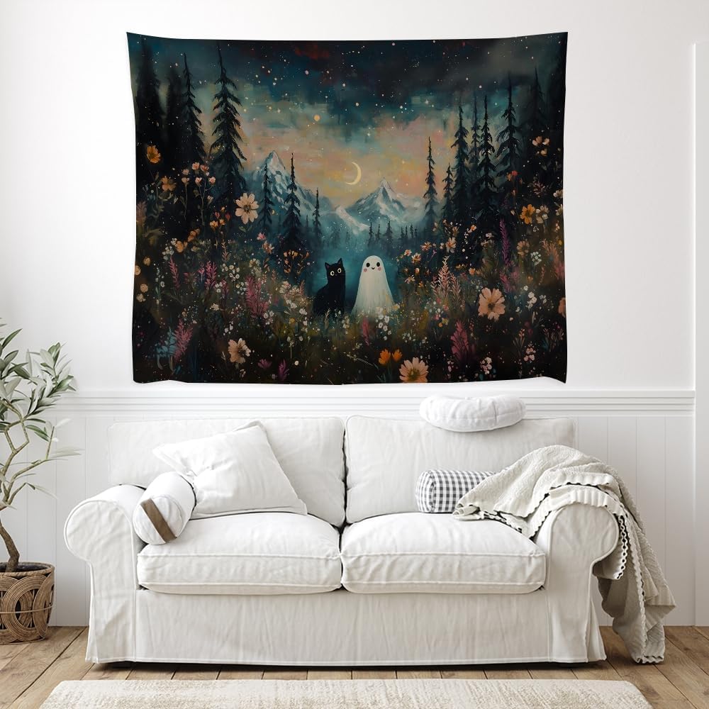 Whimsical Halloween Tapestry Wall Hanging Ghost and Black Cat in Magical Forest Wildflowers Meadow Tapestry Art Print Charming Spooky Fall Season Tapestries for Living Room Bedroom Decor 30x40inch