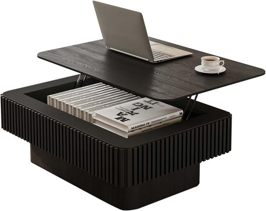 Lift Top Coffee Table with Storage, Solid Wood Coffee Table with Adjustable Height, Fluted Center Table Accent Tea Table for Living Room, Apartment, Office (38.6" Black)