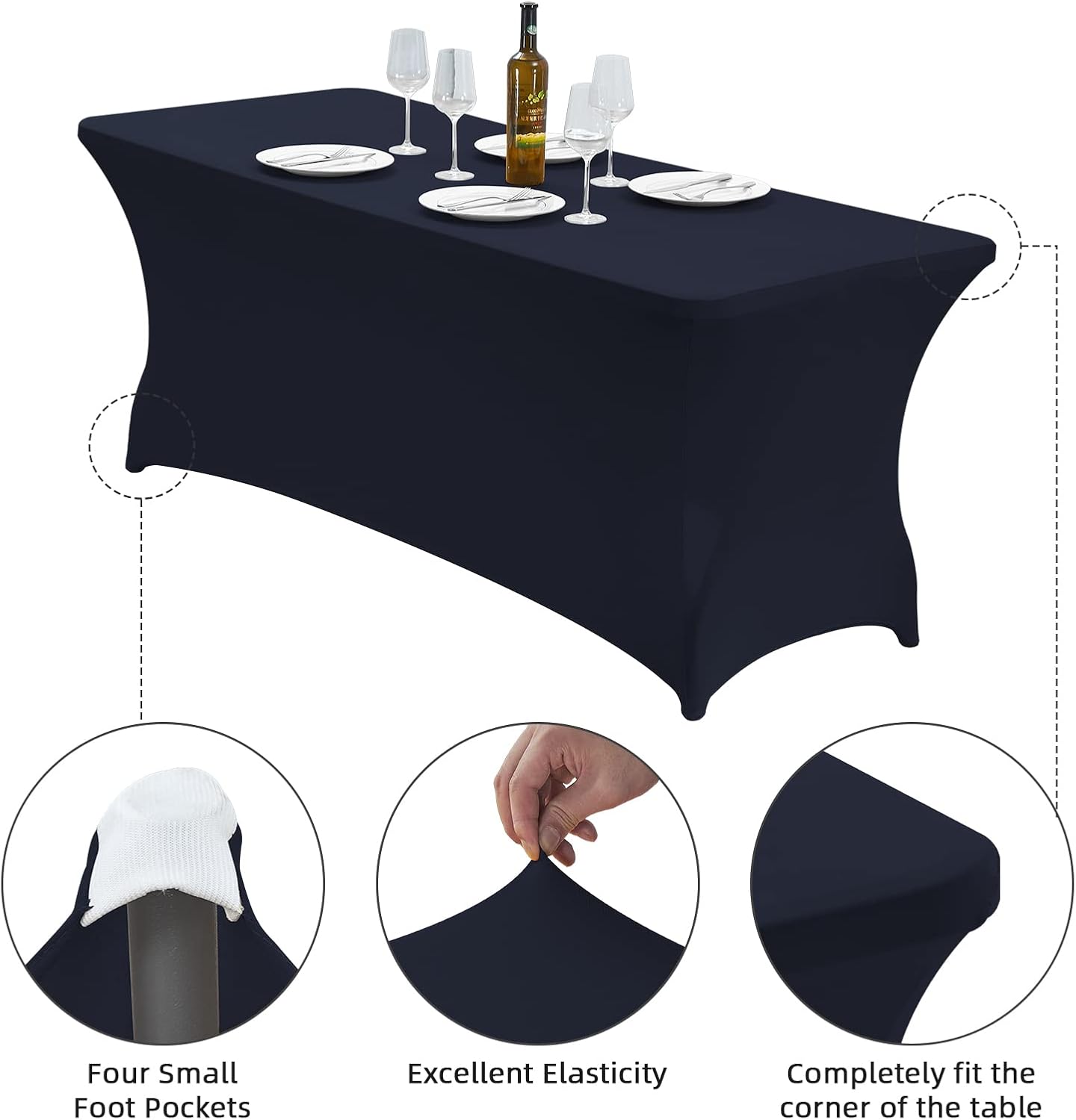 CWK 8FT Waterproof Stretch Spandex Table Cover for Rectangular Tables - Elastic Fitted Tablecloth for Folding Tables,Wrinkle Resistant Table Cloth for Parties, Weddings, Banquets & Events (Navy Blue)
