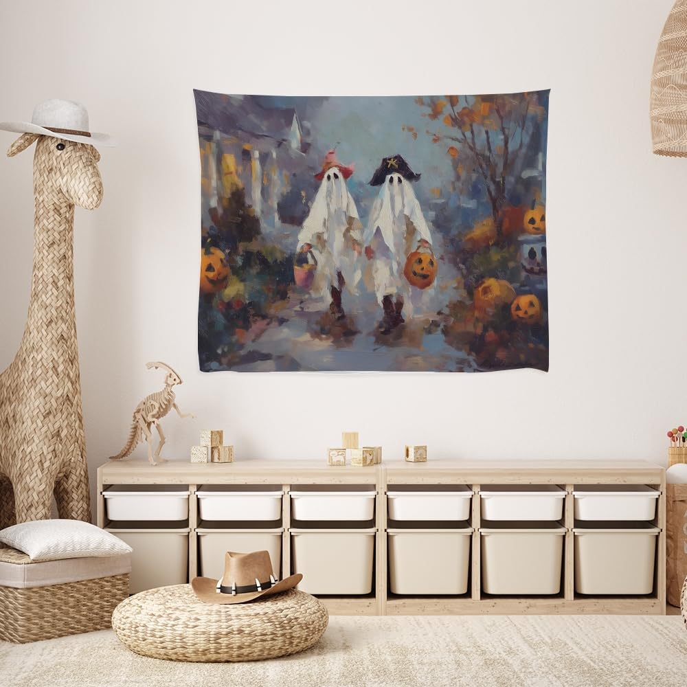 Funny Halloween Ghost Tapestry Wall Hanging Cute Kids Nursery Room Decor Trick or Treat Art Print Goth Fall Pumpkin Ghost Tapestries for Living Room Bedroom wall Decor 40x60inch