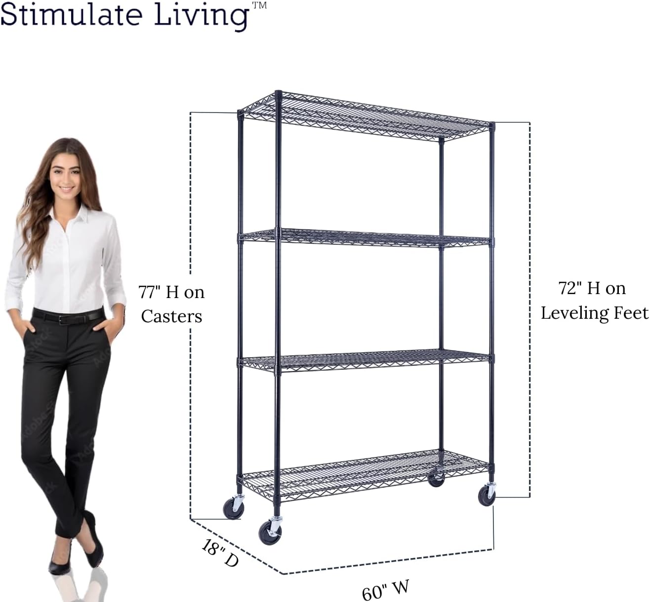 60"x18"x72" Prime Heavy Duty Black 4-Tier Wire Shelving NSF 3200 LBS MAX Capacity Storage Rack for Commercial, Hospital, School, Garage, and Kitchen Uses (with Wheels)