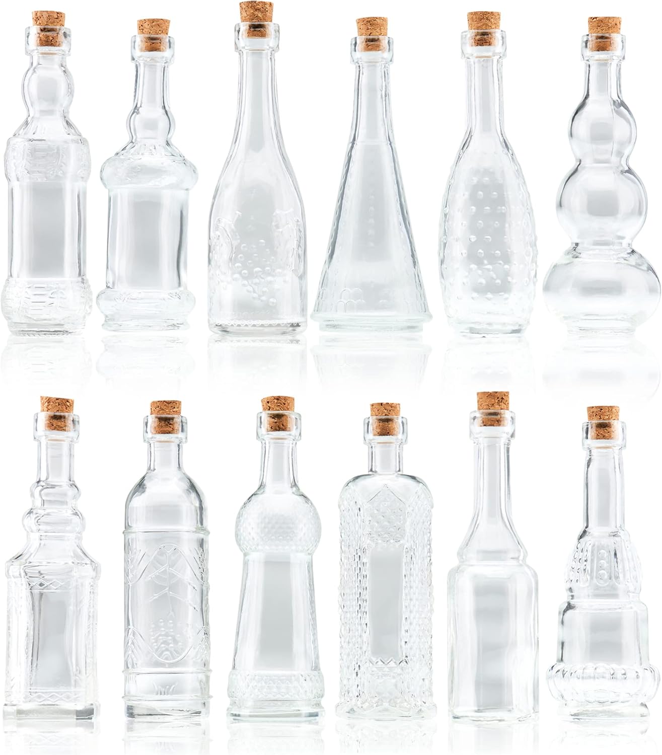 Small Mini Clear Vintage Glass Bottles with Corks, Mini Vases, Decorative, Potion, Assorted Design Set of 12 pcs, 4.6 Inch Tall (11.43cm), 1.4 Inch Wide (3.56cm)