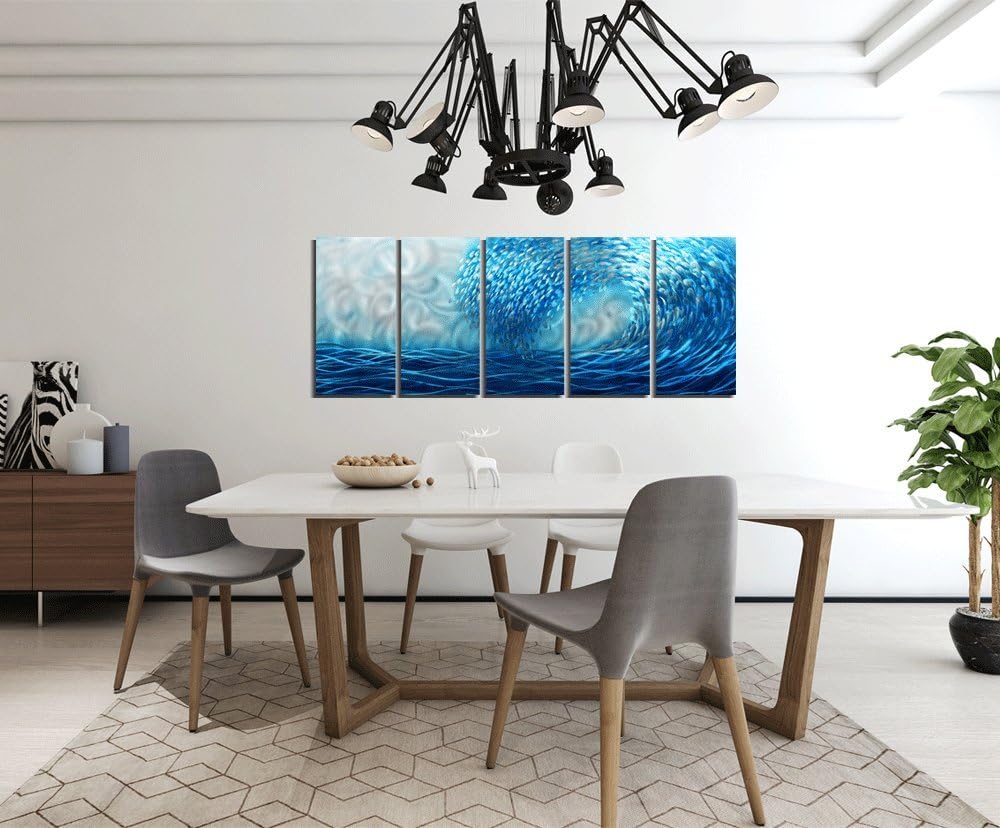Yihui Arts Hand Crafted Blue Sea Wave 3D Metal Wall Art - Coastal 5 Panel Aluminum Sculpture for Big Abstract Office, Hallway, Fireplace, and Home Decor
