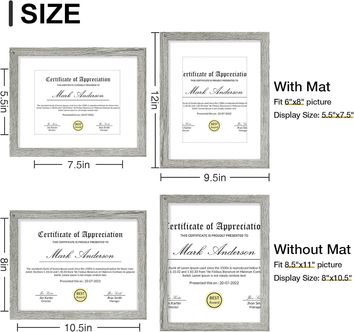 Vittanly 8.5x11 Picture Frames Set of 9, Shatter Resistant Plexiglass, Display 6x8 Pictures with Mat or 8.5x11 without Mat, Photo Frames for Wall or Tabletop, Engineered Wood, Grey