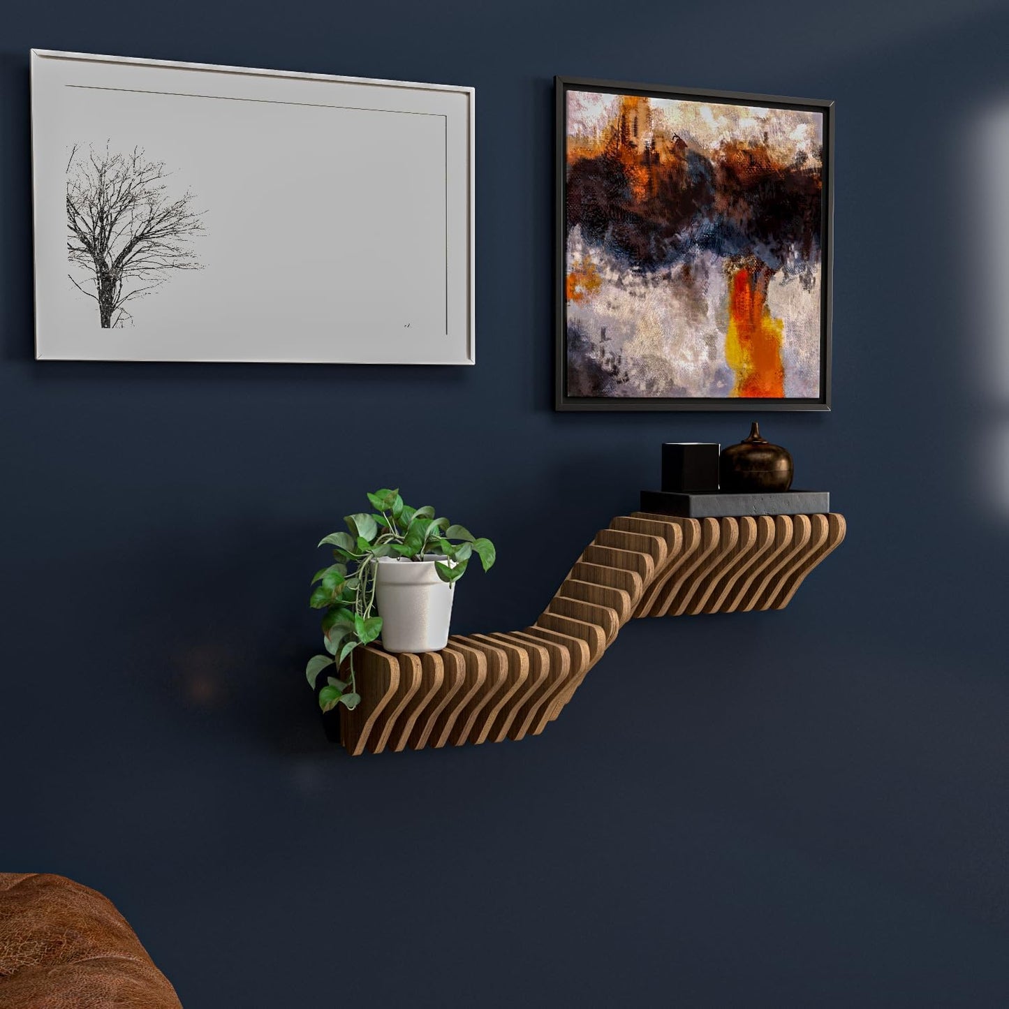 Parametric 20 inch Floating Shelf TV Unit Modern Geometric Wooden Wall Piece Decor Natural Oak Color 3D Wavy Living and Gaming Room Shelf