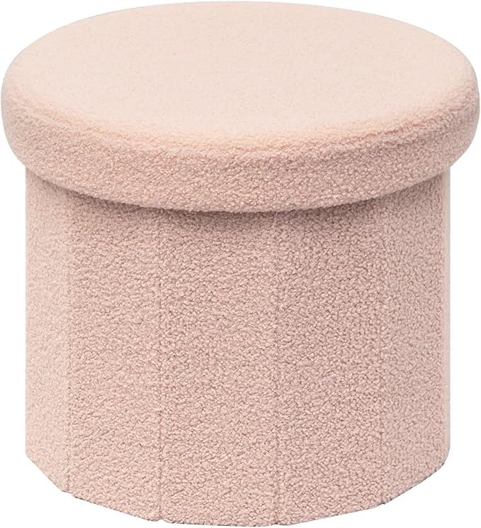 B FSOBEIIALEO Storage Ottoman Cube, Round Ottomans with Storage Foot Stool Footrest for Lving Room, Boucle Ottoman Seat for Dorm Room,Faux Teddy Fur, Pink 15"x15"x15"