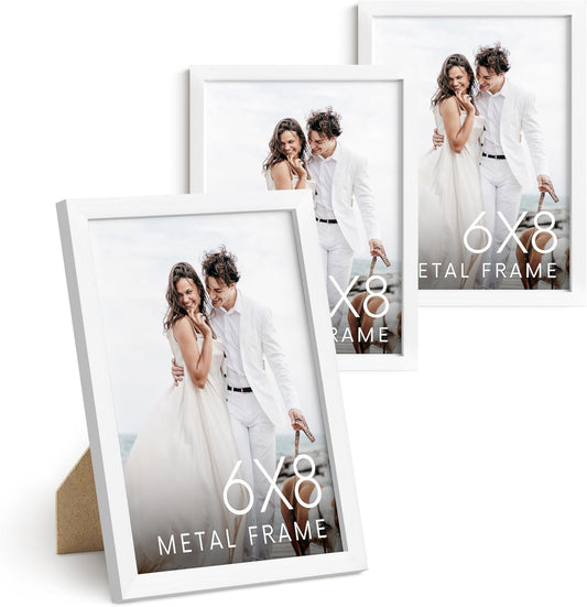 HAUS AND HUES 6x8 White Metal Picture Frames - Photo Frames 6x8 - Features Premium Aluminum, Vertical Hanging, Easel Back for Tabletop, Home, Office (6x8 in, White, Set of 3)