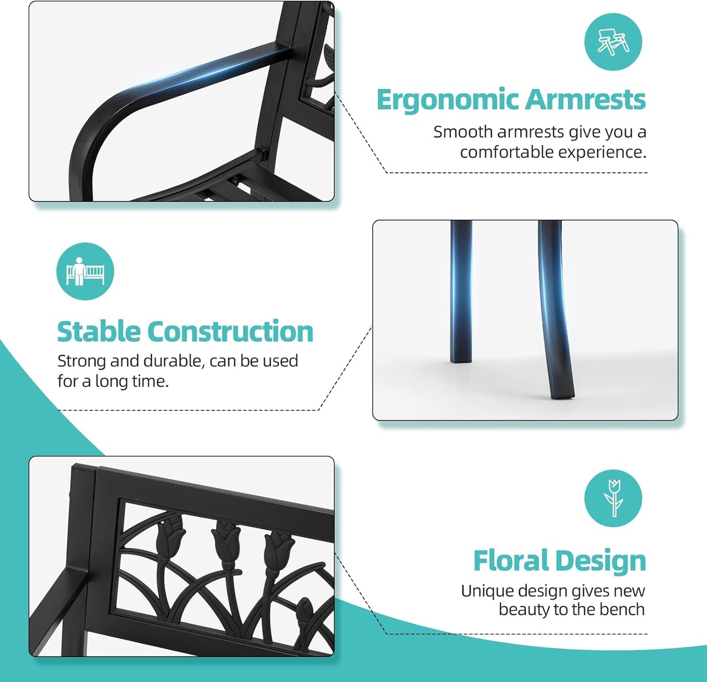 AVAWING Outdoor Bench, 2-Person Garden Benches for Outside, Metal Frame Patio Seating with Floral Pattern Backrest, Armrests for Lawn, Park, Porch, Entryway, Black