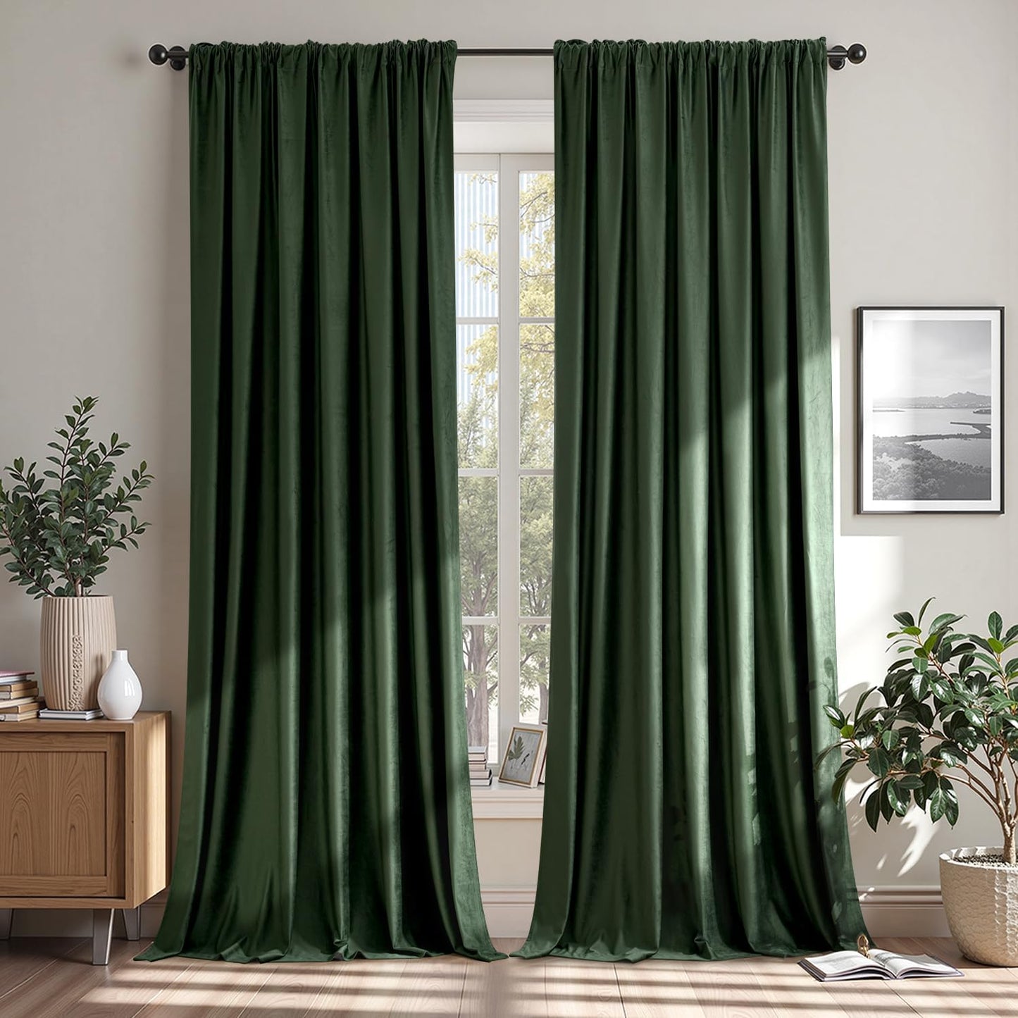 MIULEE Olive Green Velvet Curtains 84 Inches Long, Thermal Insulated Blackout Drapes for Bedroom Living Room Patio Door, Light Blocking Window Panels, Rod Pocket, Set of 2 W66 x L84