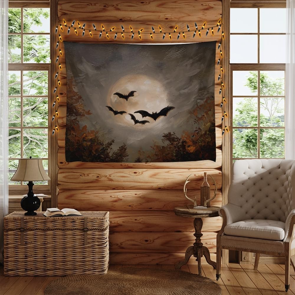 Spooky Halloween Bats Dark Academia Full Moon Autumn Leaves Wall Hanging Vintage Haunted Home Artwork Gothic Witchy Ghost Tapestries for bedroom Living Room Decor 50x60inch