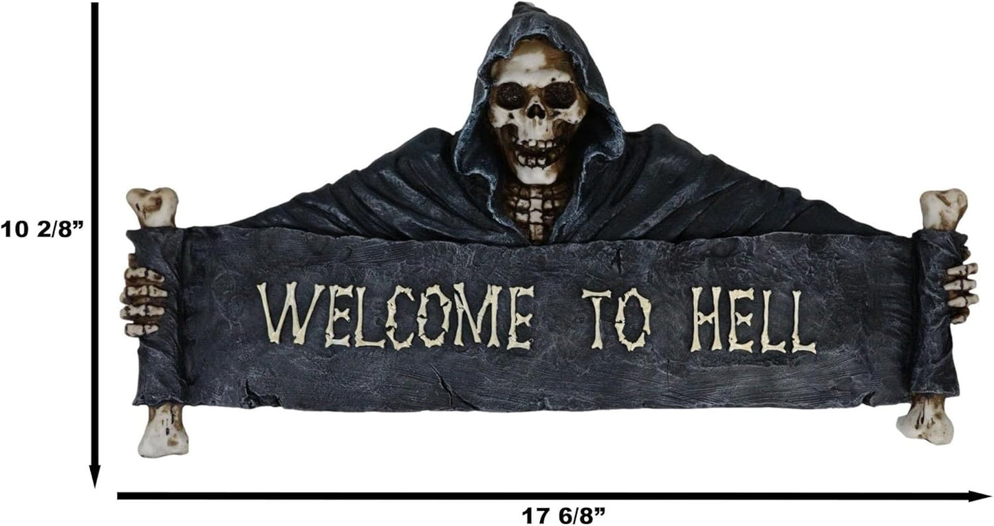 Ebros Large Grim Reaper Skeleton Opening Scroll Sign Of Bones Saying "Welcome To Hell" Wall Decor 17.5"Long Halloween Night Reaper Harvester of Souls 3D Hanging Art Plaque Sculpture
