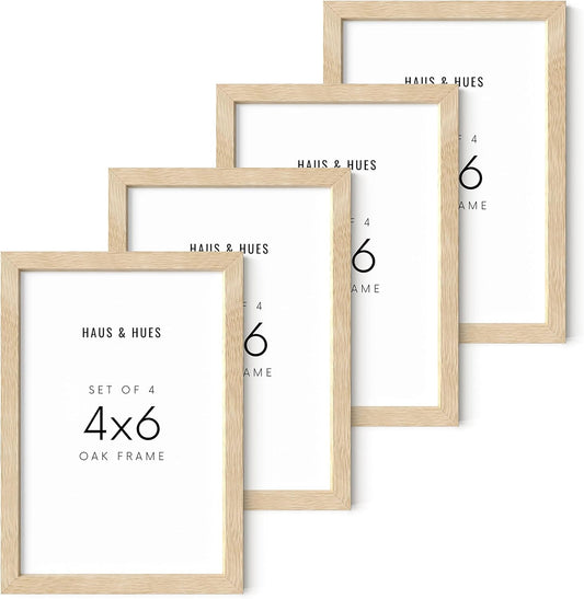 HAUS AND HUES Solid Oak 4x6 Picture Frame Set of 4 - Bulk Frames for Wall or Tabletop, Multiple Photos, Wooden Frames