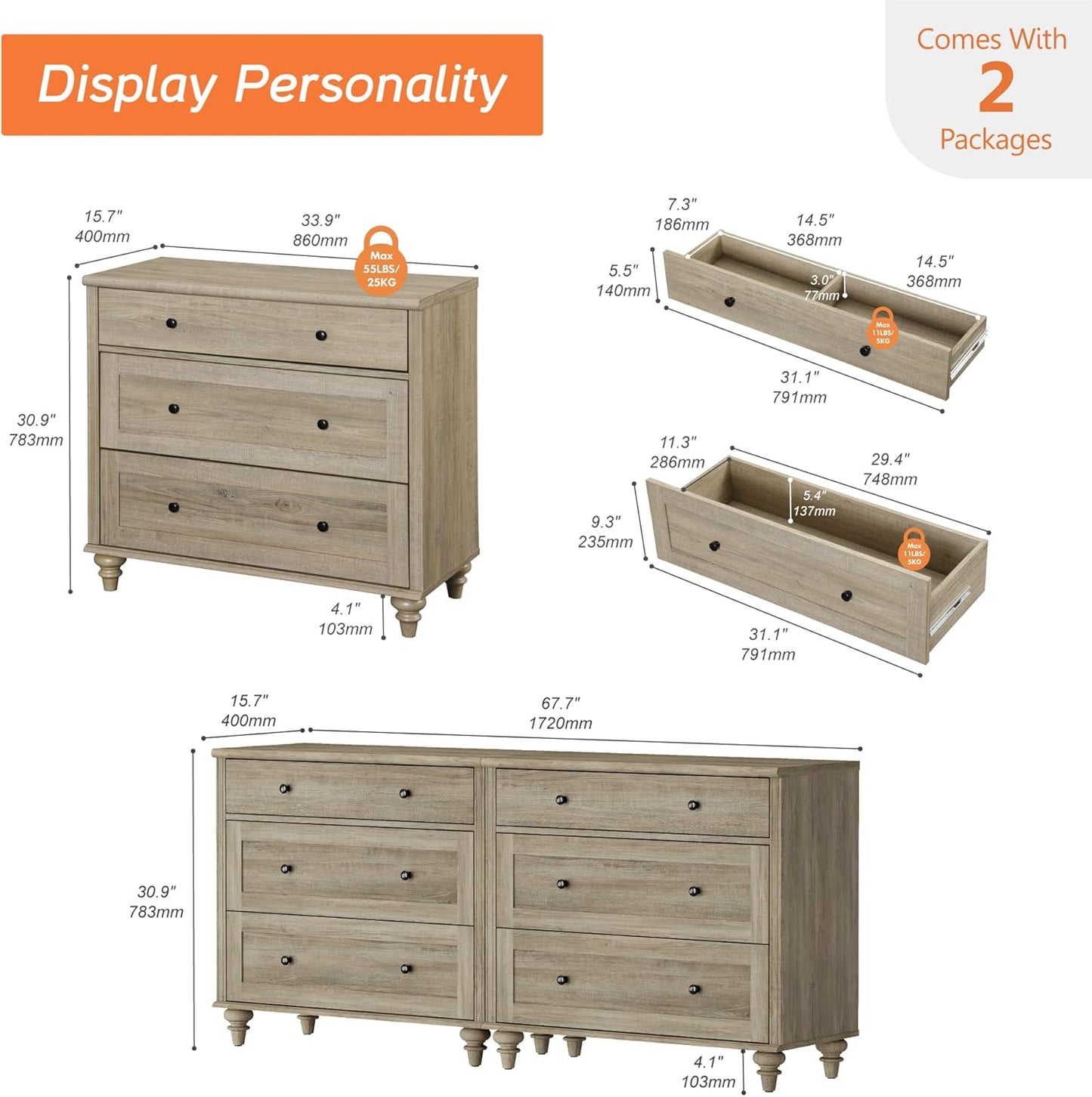 WAMPAT Kids Dresser for Bedroom with 6 Drawers, Rustic Oak Baby Dressers with Wide Chest of Drawers, Modern Wooden Closet Storage Organizer, Large Wood Dressers for Living Room, Nursery, Hallway