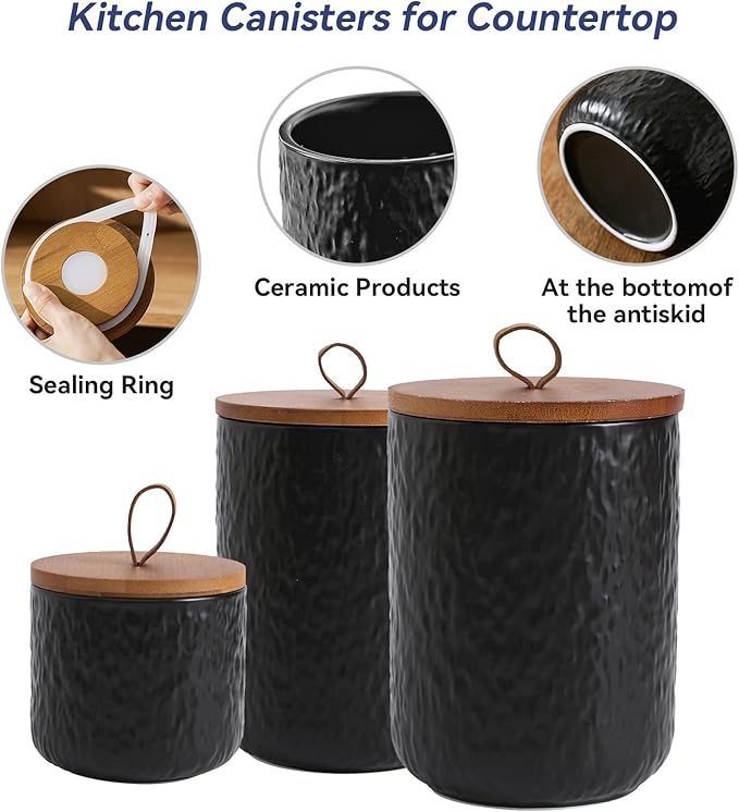 Kitchen Canisters for Countertop, Ceramic Coffee Canisters with Airtight Lids Food Storage Jars Sugar Container for Kitchen Counter Tea, Coffee Beans, Spice (#001Black-Set of 3)