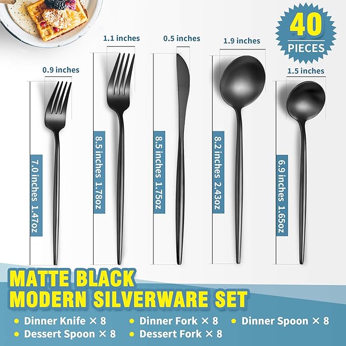 Matte Black Silverware Set for 8,Modern Stainless Steel Brushed Cutlery Set,40-Pieces Heavy Duty Flatware Set,Knives Spoons and Forks Set Utensils Set, Satin Finish, Dishwasher Safe