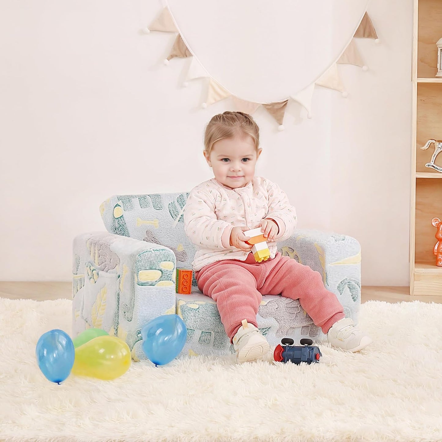 Toddler Chair Kids Couch, 2-in-1 Toddler Soft Sherpa Couch Fold Out Armchair Glow in The Dark with Removable Cover, Convertible Reading Chair Sofa for Kids, Plush Green Dinosaur