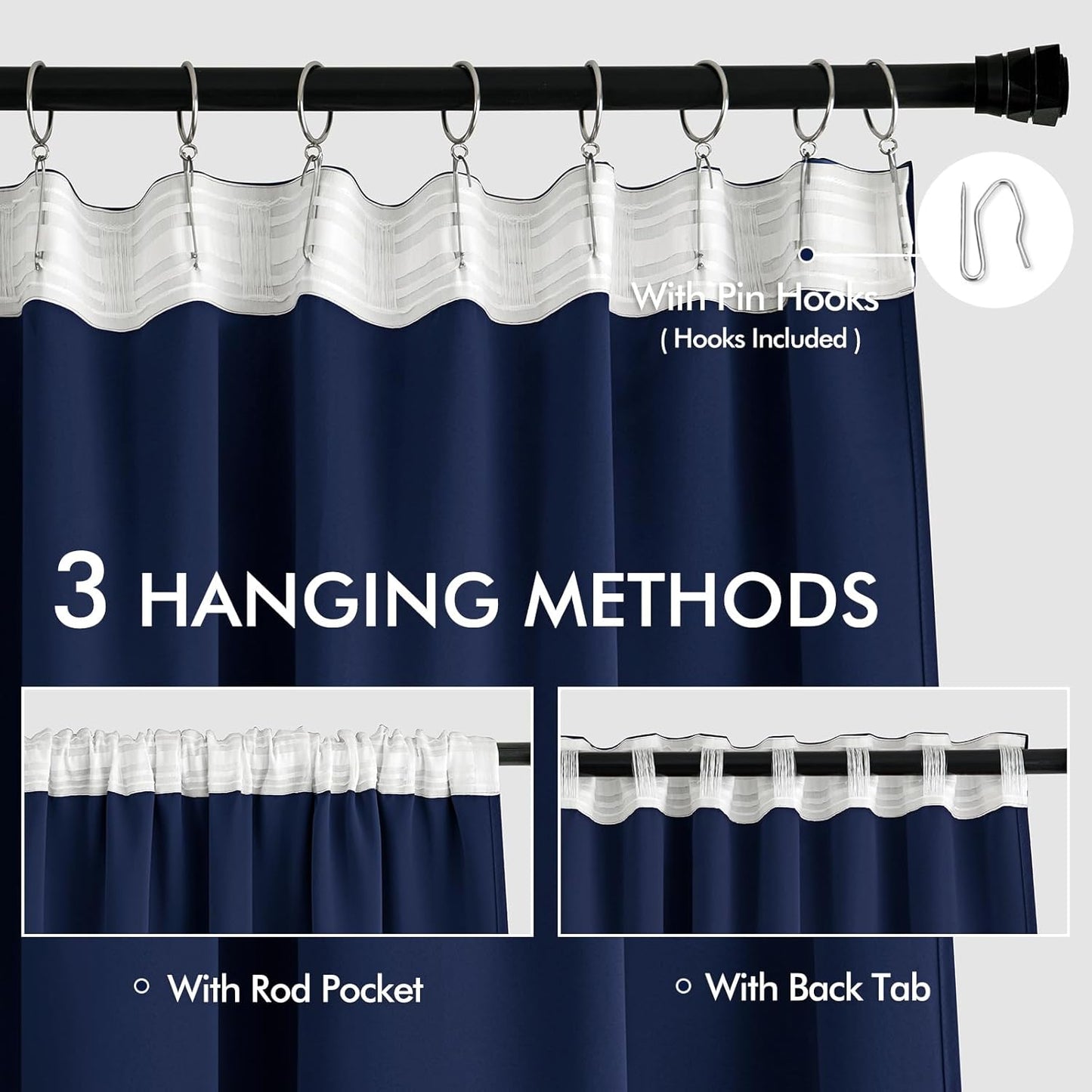 MIULEE Navy Blue Back Tab Blackout Curtains 72 Inches Long 2 Panels Set for Living Room Bedroom Privacy, Rod Pocket/Pinch Pleat Thermal Insulated Room Darkening Pleated Light Blocking Drapes
