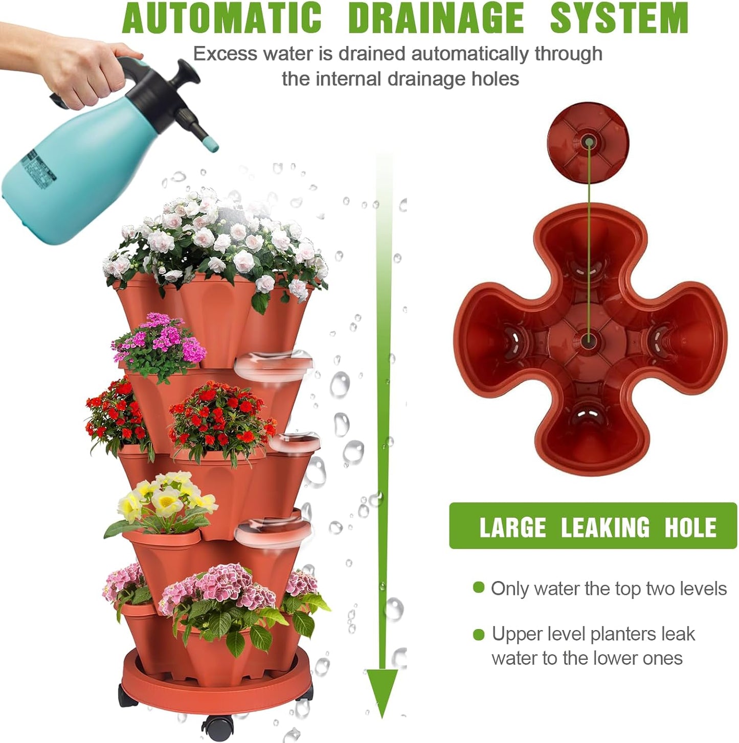 Vertical Strawberry Planter 5 Tier Stackable Tower Herb Planters Stacking Outdoor Garden Planters Pot with Tools Mover for Growing Flowers, Vegetables and Succulents