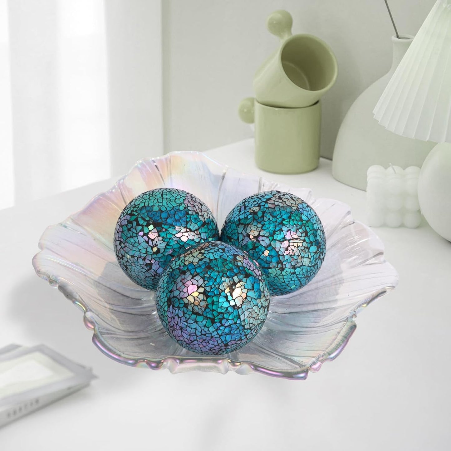 6Pcs Decorative Ball for Bowls, 8cm/3.15inch Mosaic Glass Centerpiece Decoration Balls Mirror Glass Ball Fillers for Home Decor Dining Tables Wedding Party (Dazzle Blue)