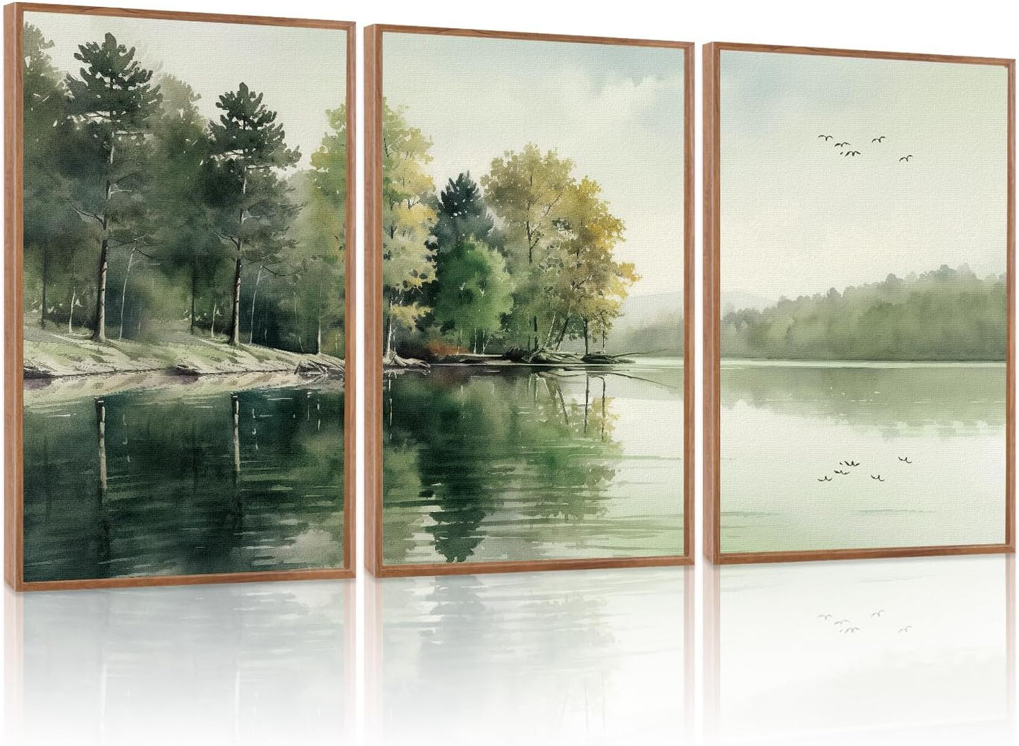 KAIRNE Framed Nature Canvas Wall Art Set,Misty Forest Wall Decor,Green Mountain Forest Pictures,Lake Water Painting set of 3(16”x24”),Landscape Scene Print for Living Room, Bedroom,Gallery Decor