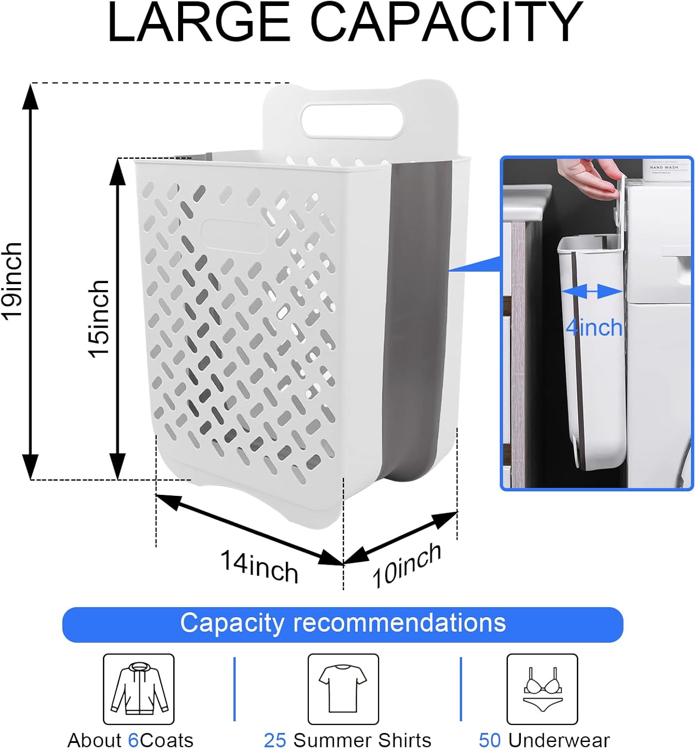 Laundry Basket Hamper,Hanging Wall Collapsible Laundry with Handle,Space-Saving Foldable Storage Dirty Washer Organizer Bin Multi-function Container Waterproof Durable,Set of 2(XL&M)