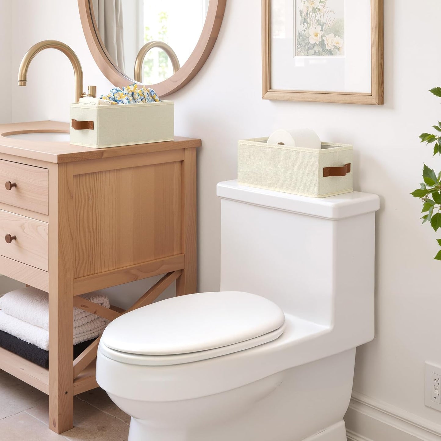 GRANNY SAYS Small Fabric Storage Bins, Storage Baskets for Shelves with PU Handles, Toilet Paper Storage, Mini Baskets for Organizing DVD, Photos, Clothes, Diaper, Sock, Cd, 6-Pack, Ivory