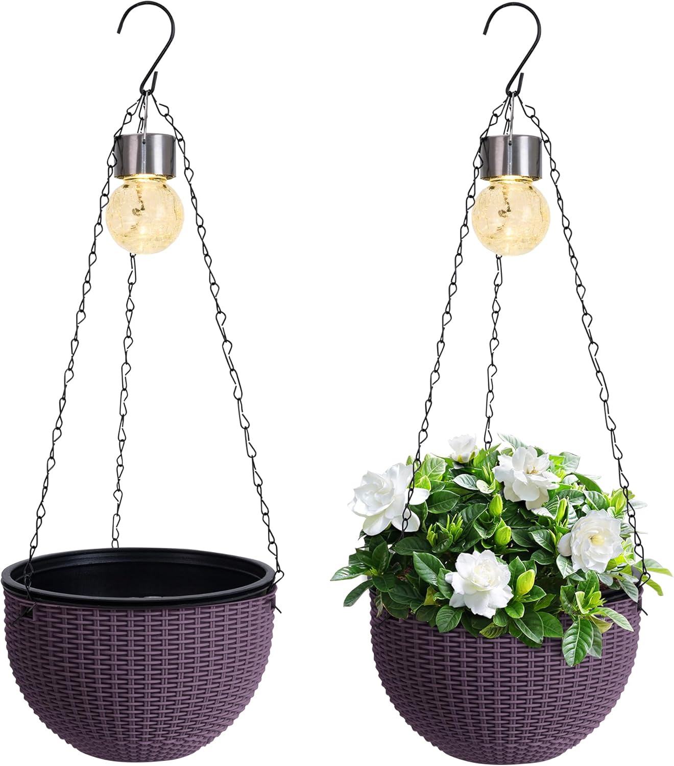Hanging Planters for Outdoor Plants,2 Pack Coffee Artificial Rattan Solar Hanging Baskets with Drainage Holes & Removable Tray,Hanging Flower Pots Gardening Gifts for Women/Mothers