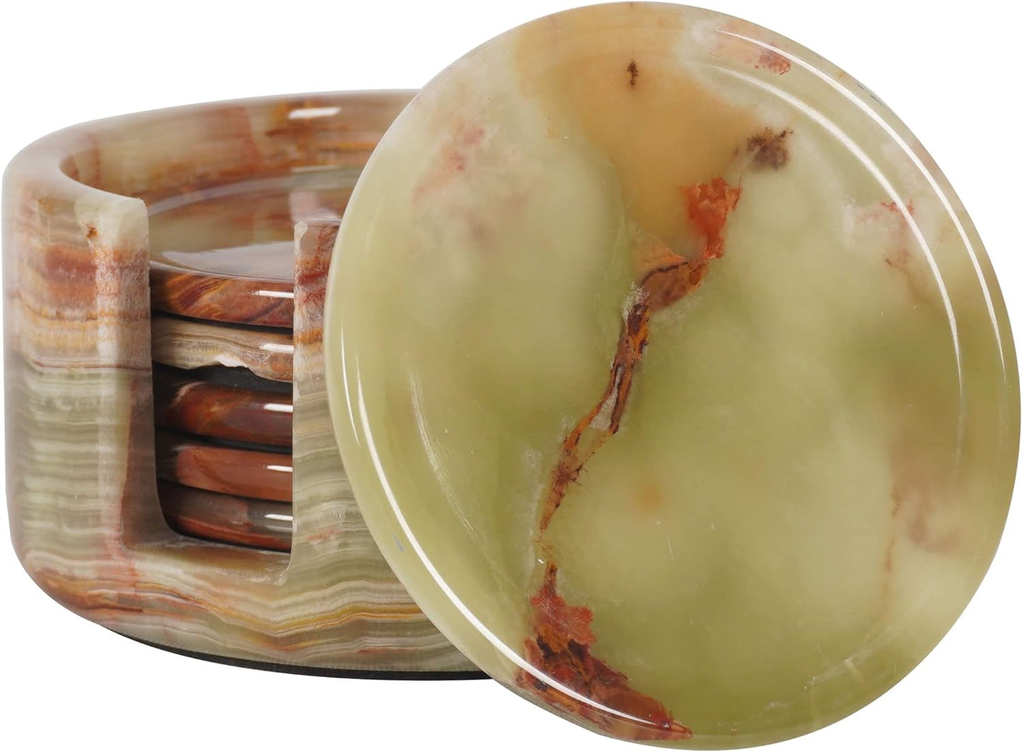 Marble Coasters Set of 6 Green Onyx 3.5 Inch Round Coaster for Drinks with Holder, Drink Coaster for Tabletop & Coffee Table Decor, Ideal Home Decor House Warming Gifts