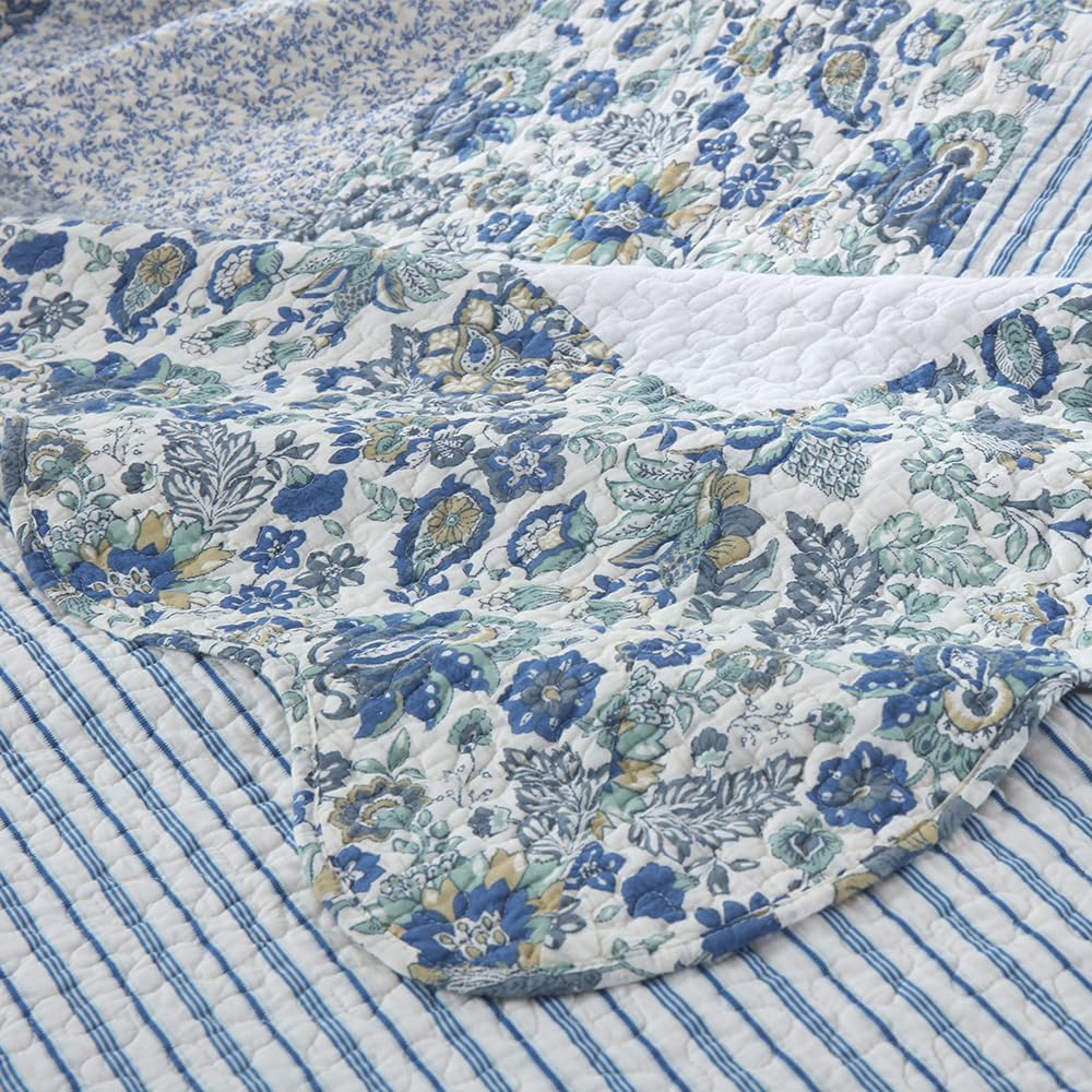 Cotton Bedspread Quilt Bedding Sets 3 Pieces Reversible Coverlet Sets Comforters Vintage Floral Patchwork Blue Bedspread (Blue Vintage Floral, King Size)