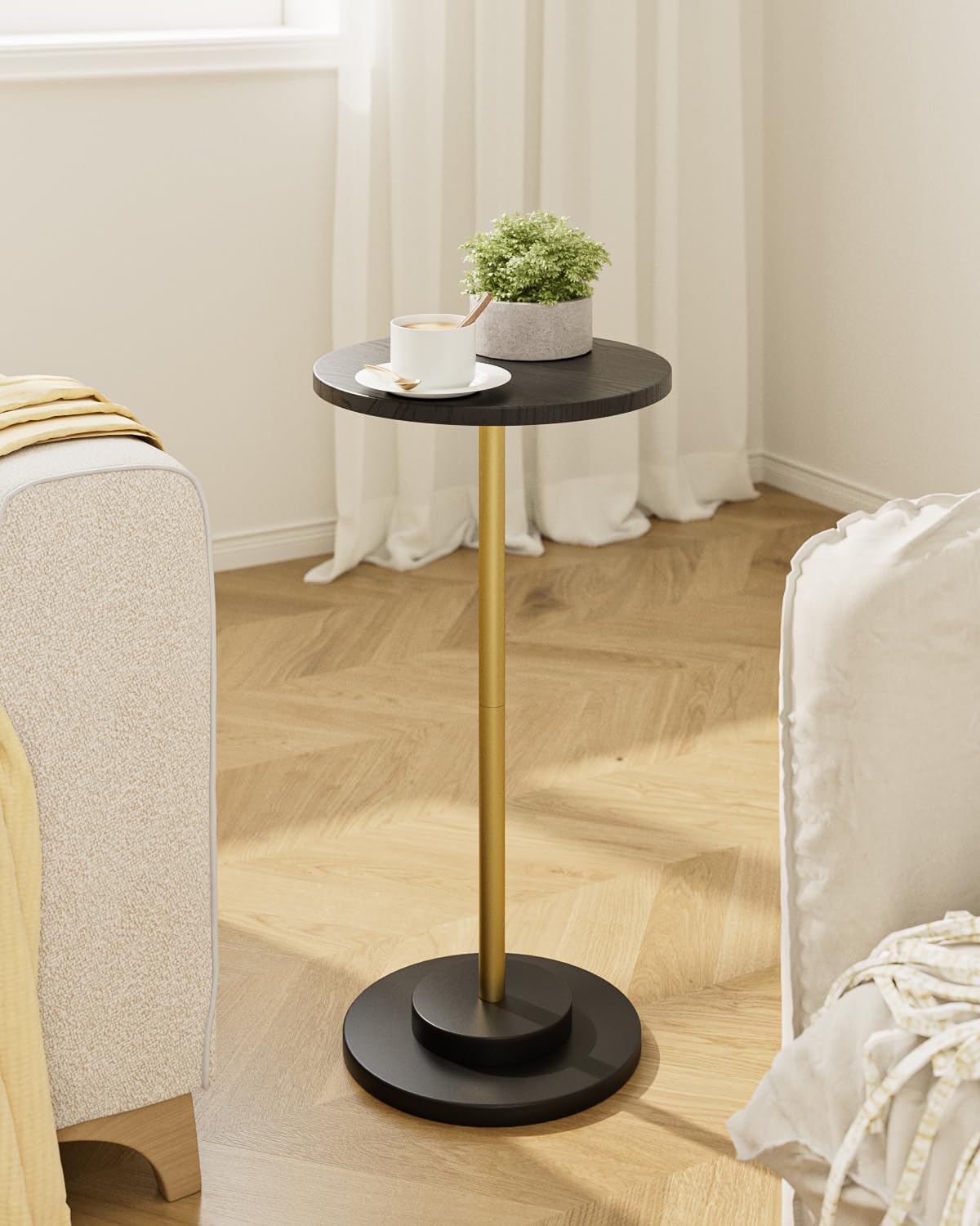 Masupu Drink Table, Round Side Table for Small Spaces, Pedestal Side Table, Small End Table with Metal Base, for Living Room, Bedroom, Bathroom, Black Gold