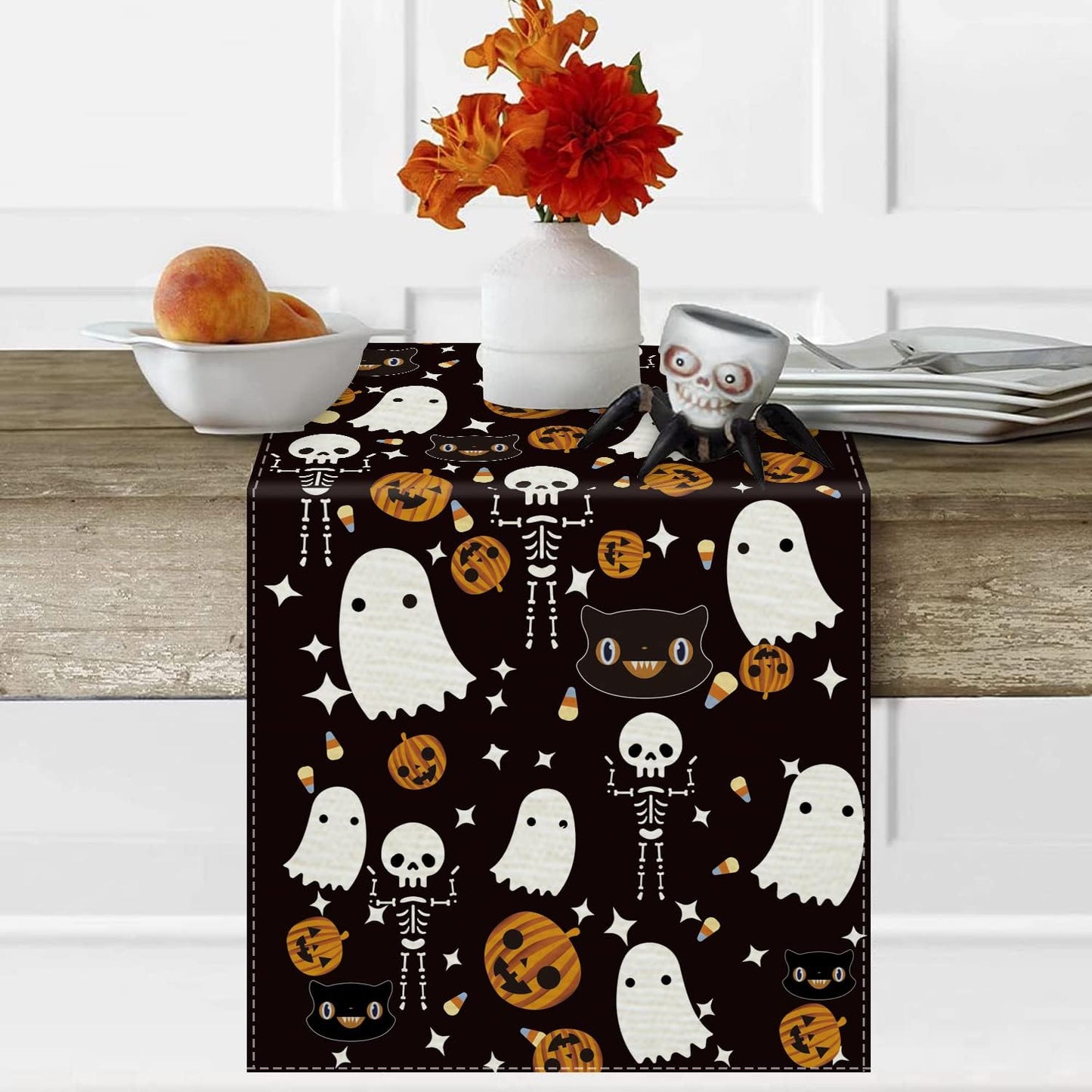 GAGEC Halloween Table Runner Black Cat Pumpkins Seasonal Kitchen Dining Table Home Outdoor Party Decorations (13'' x 90'')
