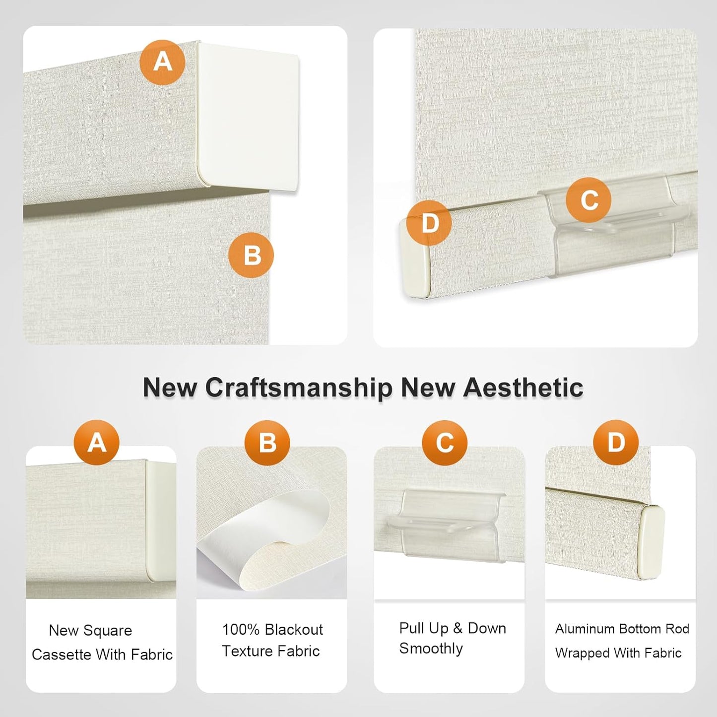 Persilux Blackout Shades for Windows Cordless Roller Blinds, Roller Windows Shades for Home with Fabric Attached Valance, UV Protections Easy Installation for Door/Office, Limestone(51" W x 64" H)