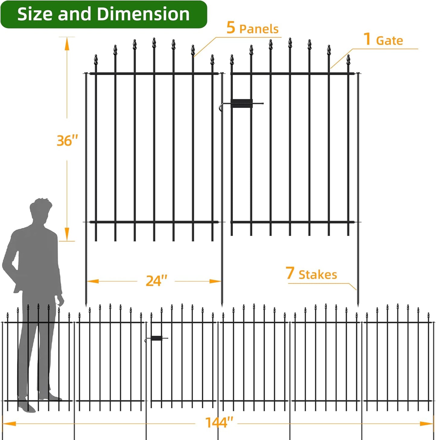 Metal Garden Fence with Gate 36 in H x 12 ft L, 1 Gate + 5 Panels Border Dog Fence Panels Animal Barrier, No Dig Garden Fencing for Yard Patio Flower Bed Lawn Outdoor, Arch Black