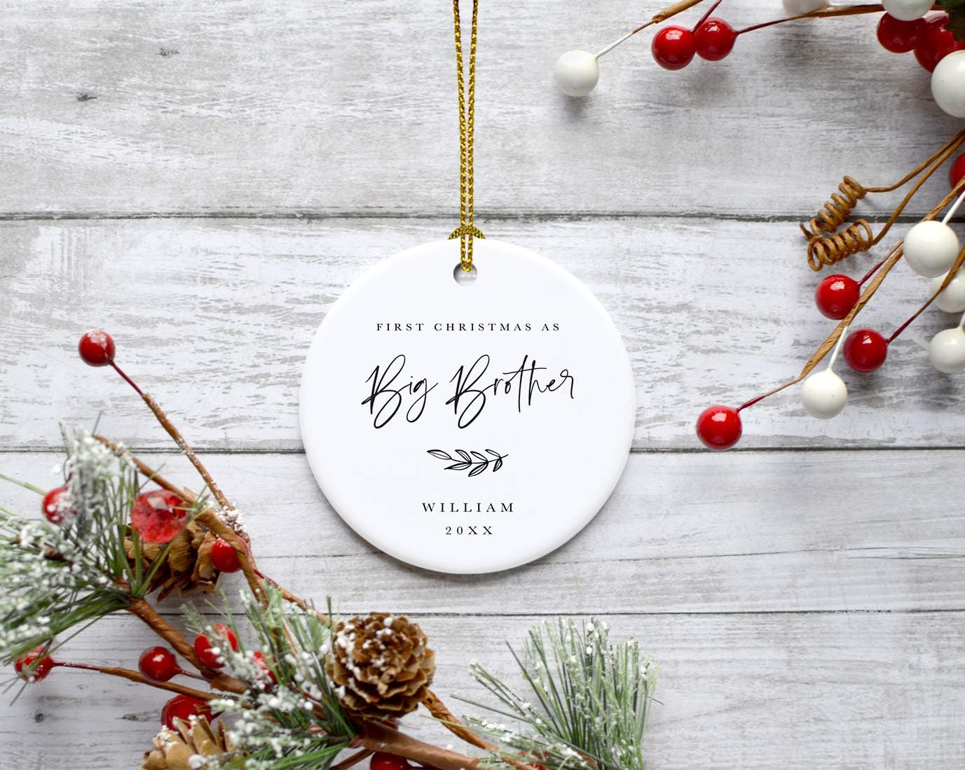 Andaz Press Personalized Sibling Round Ceramic Porcelain Christmas Tree Ornament Keepsake Collectible Gift, First Christmas as Big Brother William 2025, Antique Handdrawn, 1-Pack