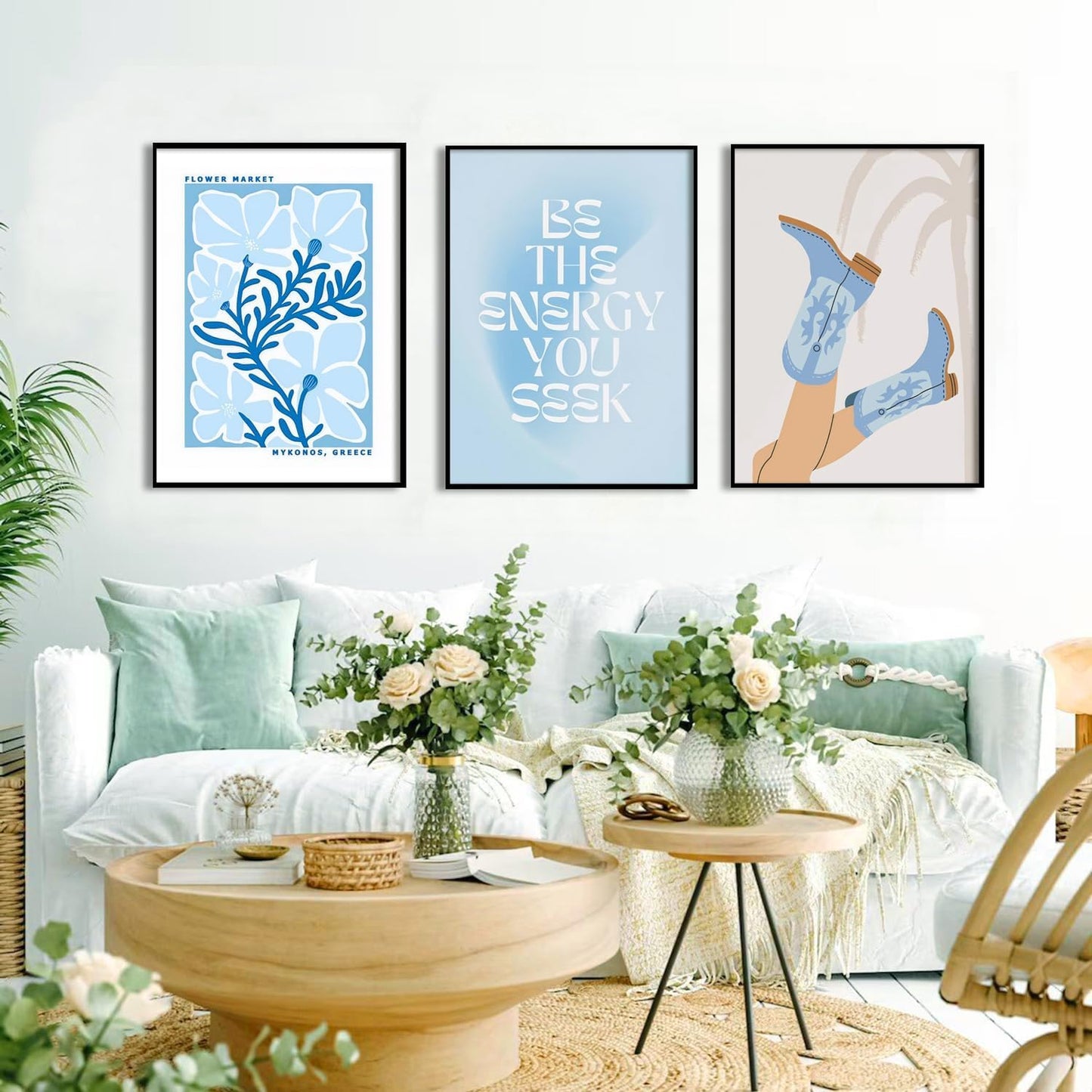 Blue Preppy Canvas Wall Art Posters Set of 3 Trendy Cowgirl Boots Home Decor Flower Market Painting Prints Coastal Aesthetic Picture for Girls Bedroom Bathroom Living Room Dorm 12x16Inch Unframed