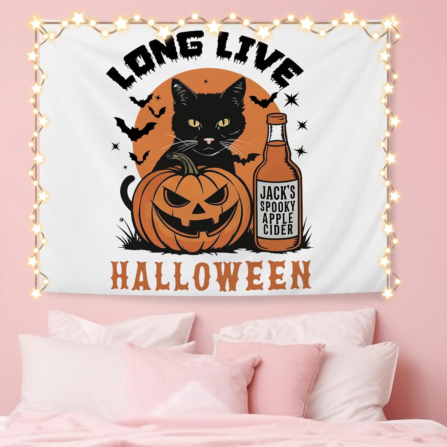 NATSUNO Halloween Tapestry, Long Live Halloween Wall Tapestry for Bedroom, Trendy Black Cat Pumpkin Apple Cider and Bats Tapestries Wall Hanging for Home Living Room Decor, 50x60 Inches