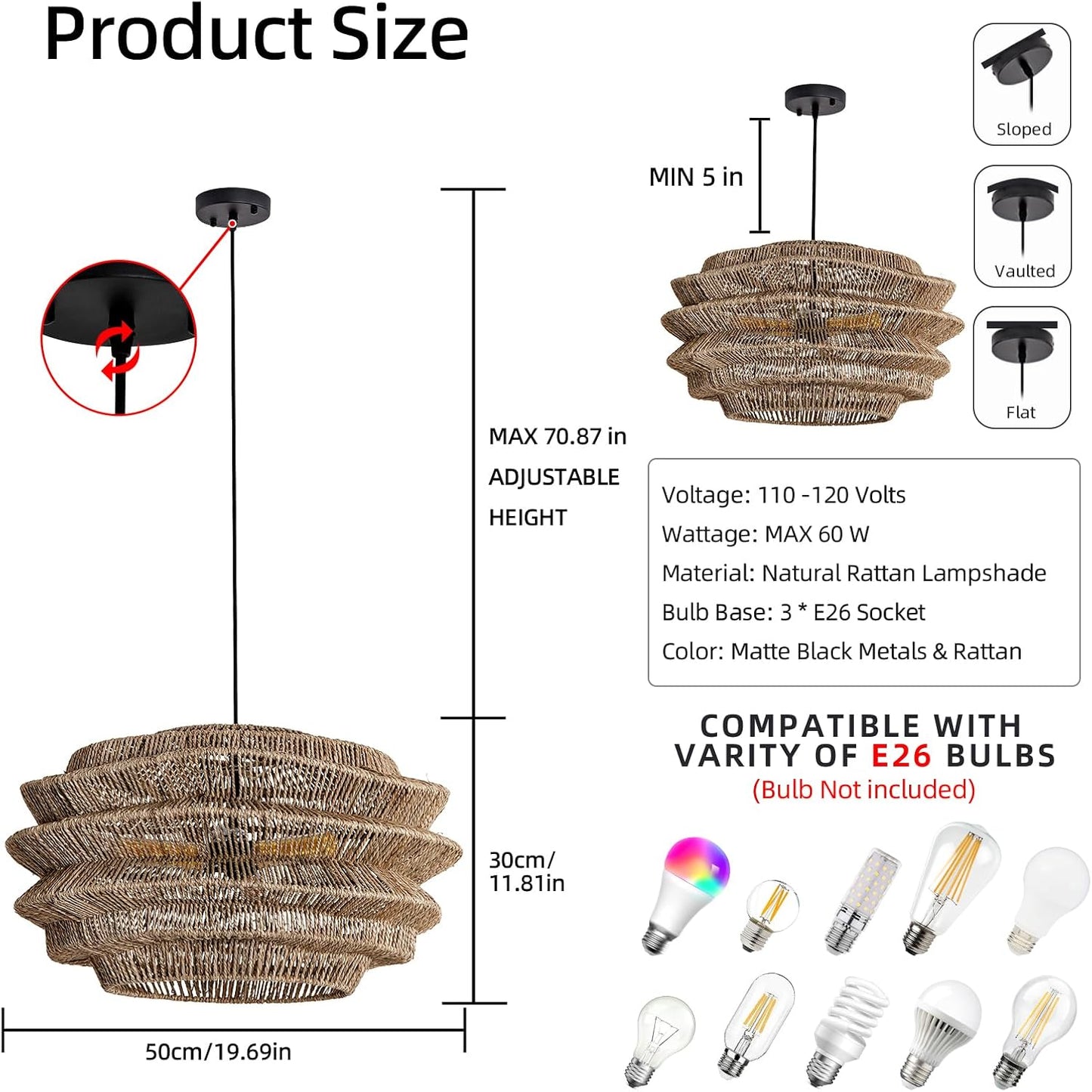 19.7" Rattan Pendant Light,3-Light Hand-Woven Rustic Wicker Hanging Light Seagrass Ceiling Chandelier,Water Plants Rattan Chandelier for Dining Living Bedroom Kitchen Farmhouse