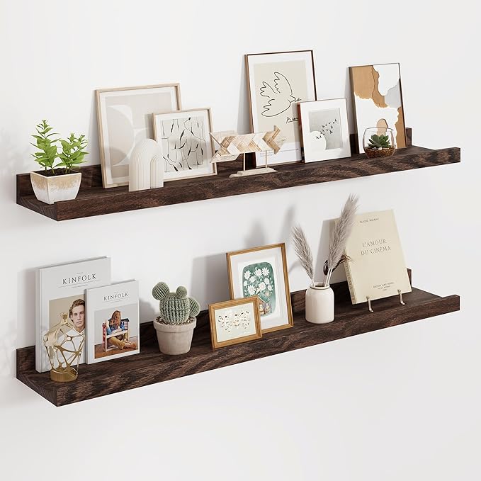 Floating Picture Ledge Shelves 36 Inch Solid Oak Wood Set of 2, Rustic Wall Storage Shelves with Lip, Kids Bookshelf, Photo & Picture Ledge Shelves for Bedroom, Living Room, Kitchen