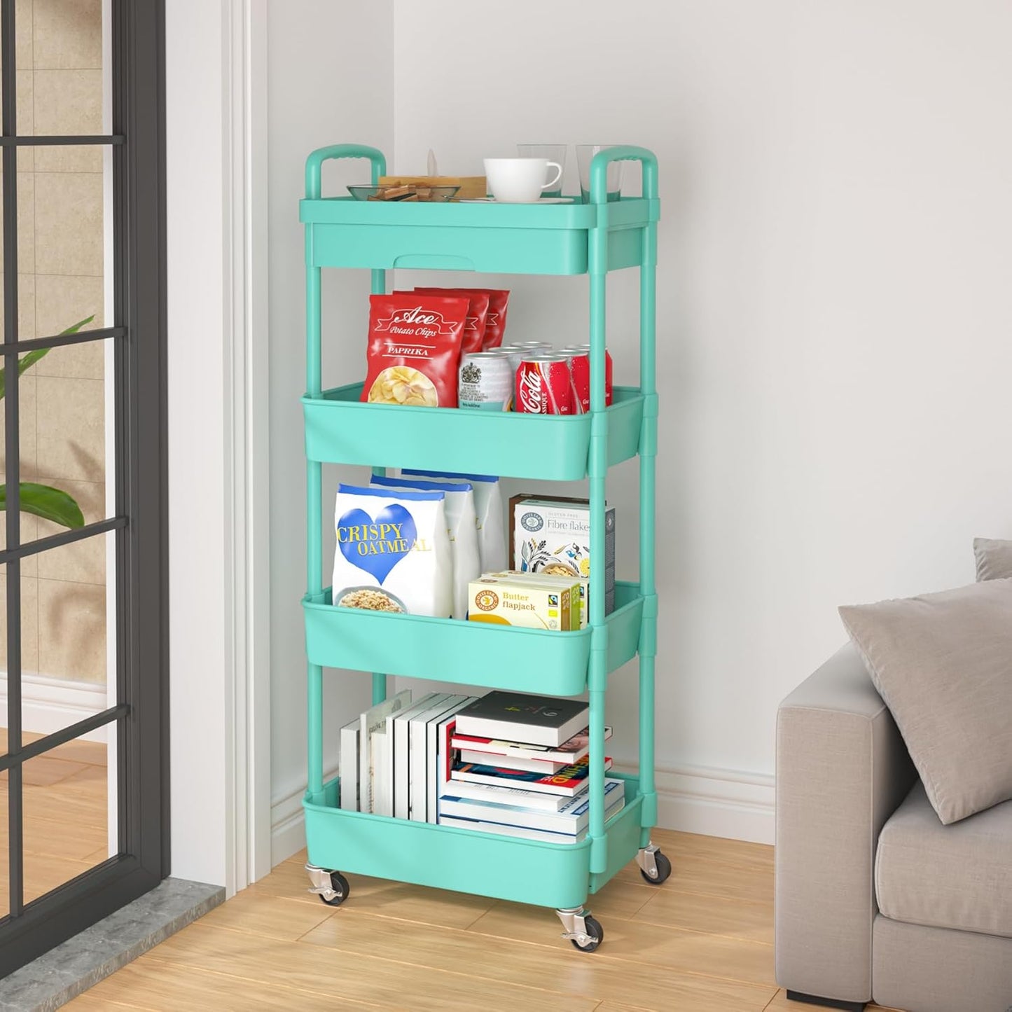 Calmootey 4-Tier Rolling Utility Cart with Drawer,Multifunctional Storage Organizer with Plastic Shelf & Metal Wheel,Storage Cart for Kitchen,Bathroom,Living Room,Office,Green