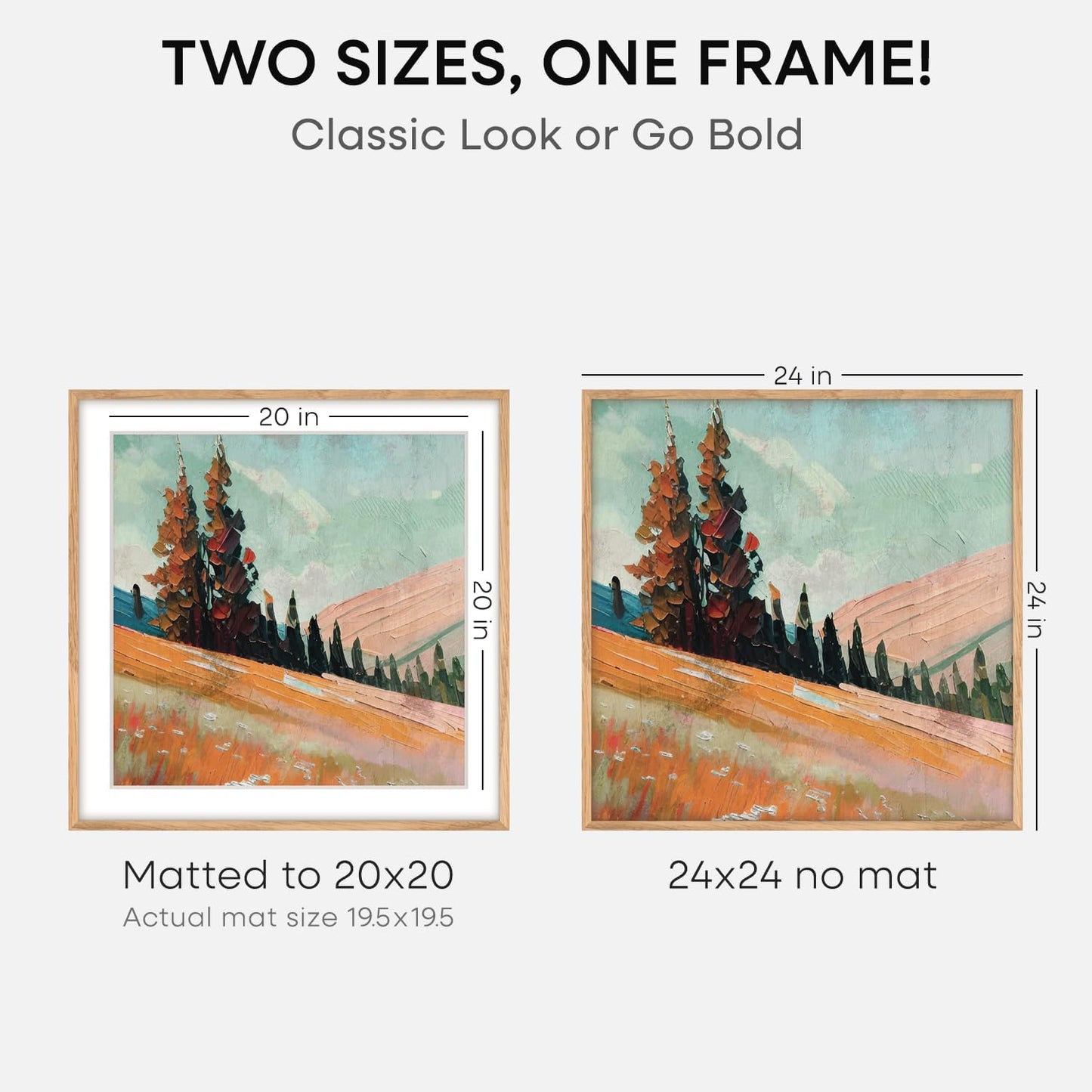 Homeforia 24x24 Wood Picture Frame, High End Natural Oak 24 x 24 Square Light Wooden Poster Frame with Mat 20 by 20 Photo, 24by24 Large Frames Matted to 20x20 Print, Tempered Glass, Wall Kit, Set of 1